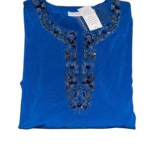 Susan Graver Womens 3X Liquid Knit Split Neck Tunic Blue Embellishments NWT